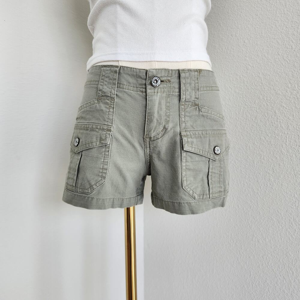 Vintage Y2K Olive Green Low Rise Utility Cargo Mini Shorts Arizona Jean Co 0